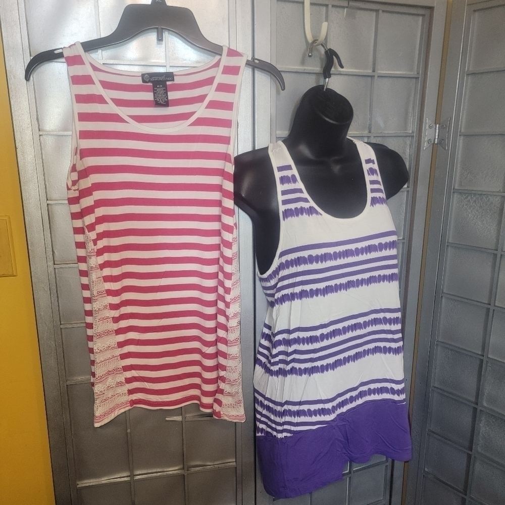 Signature studio medium tank tops. One pink and white and one purple and white.